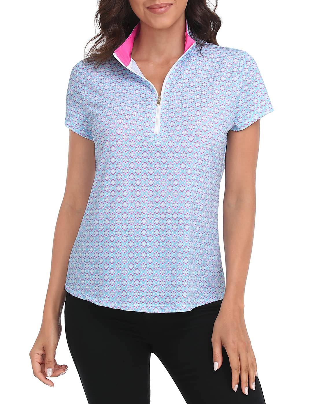 LRD Women's Golf Polo Shirt Short Sleeve Quarter Zip Mock Neck Tennis Shirt UPF 30 Sun Protection Quick Dry Performance Top